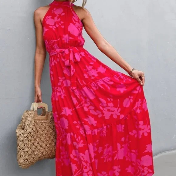 red pink floral print belted halter maxi dress - Boho - Picture 5 of 11